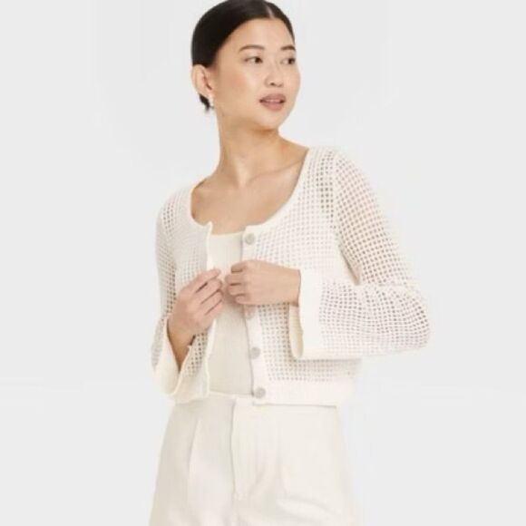 a new day Sweaters - NWT A New Day Cardigan Ivory Open Knit Button Front Size L